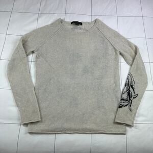 Skull Cashmere Sweater Womens Small Cream Black Skull Rose Graphic Print Light